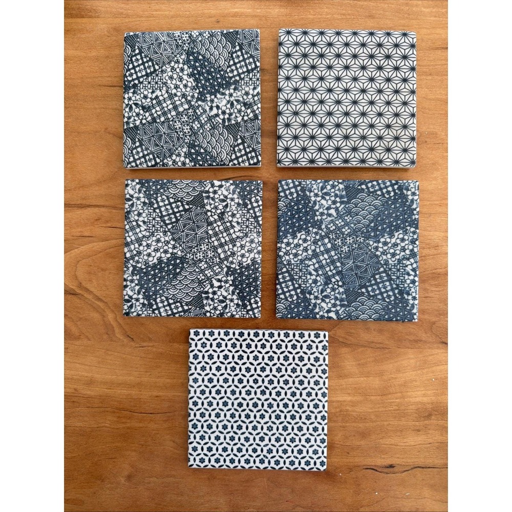 Japanese Geometric‎ Ceramic Tile 4" Asanoha Shippo Edo Pattern Blue Lot Of 5